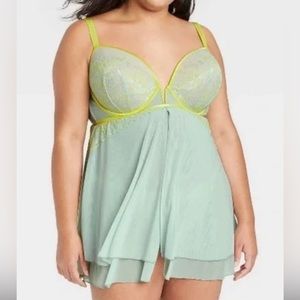 Auden Lime Green Sheer Lace Babydoll Push-Up Nightie Lingerie Slip Dress